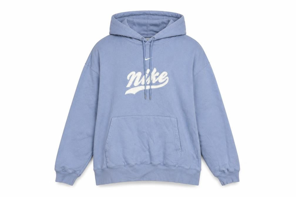 Front view of Nike Women Blue Pullover Hoodie L Logo Print Cotton Blend