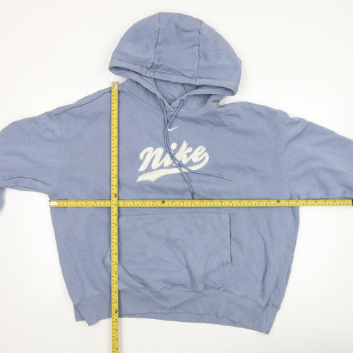 Nike Women Blue Pullover Hoodie L Logo Print Cotton Blend