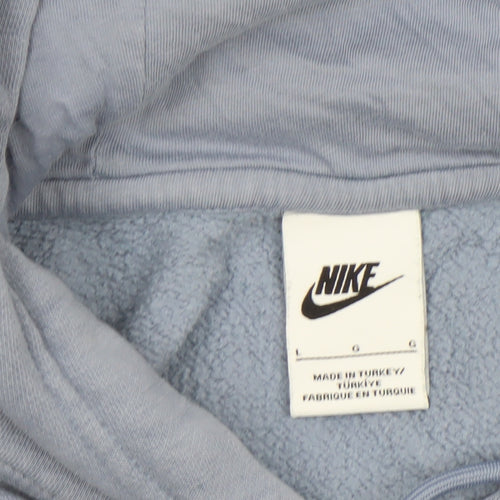 Nike Women Blue Pullover Hoodie L Logo Print Cotton Blend