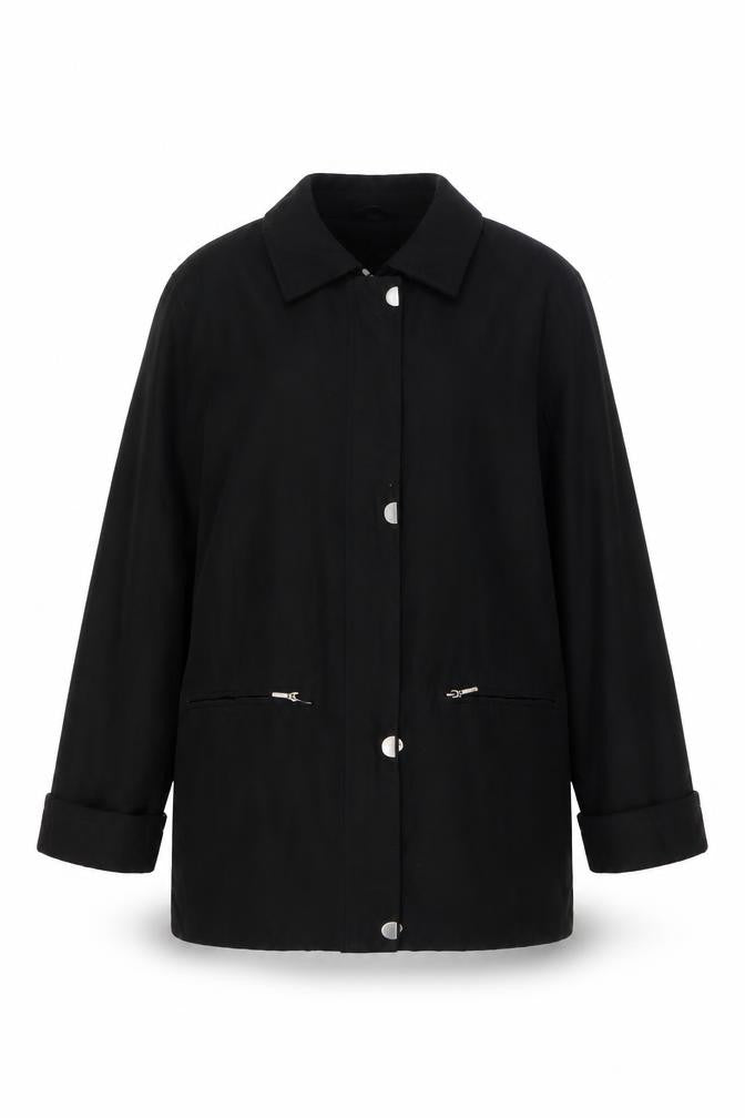 Front view of St Bernard Women’s Black, size UK 14, Mid-Length Overcoat with Buttons