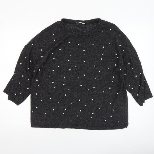 Zara Women Black Beaded Tunic Blouse Size S 3/4 Sleeve Knit Stretch Top