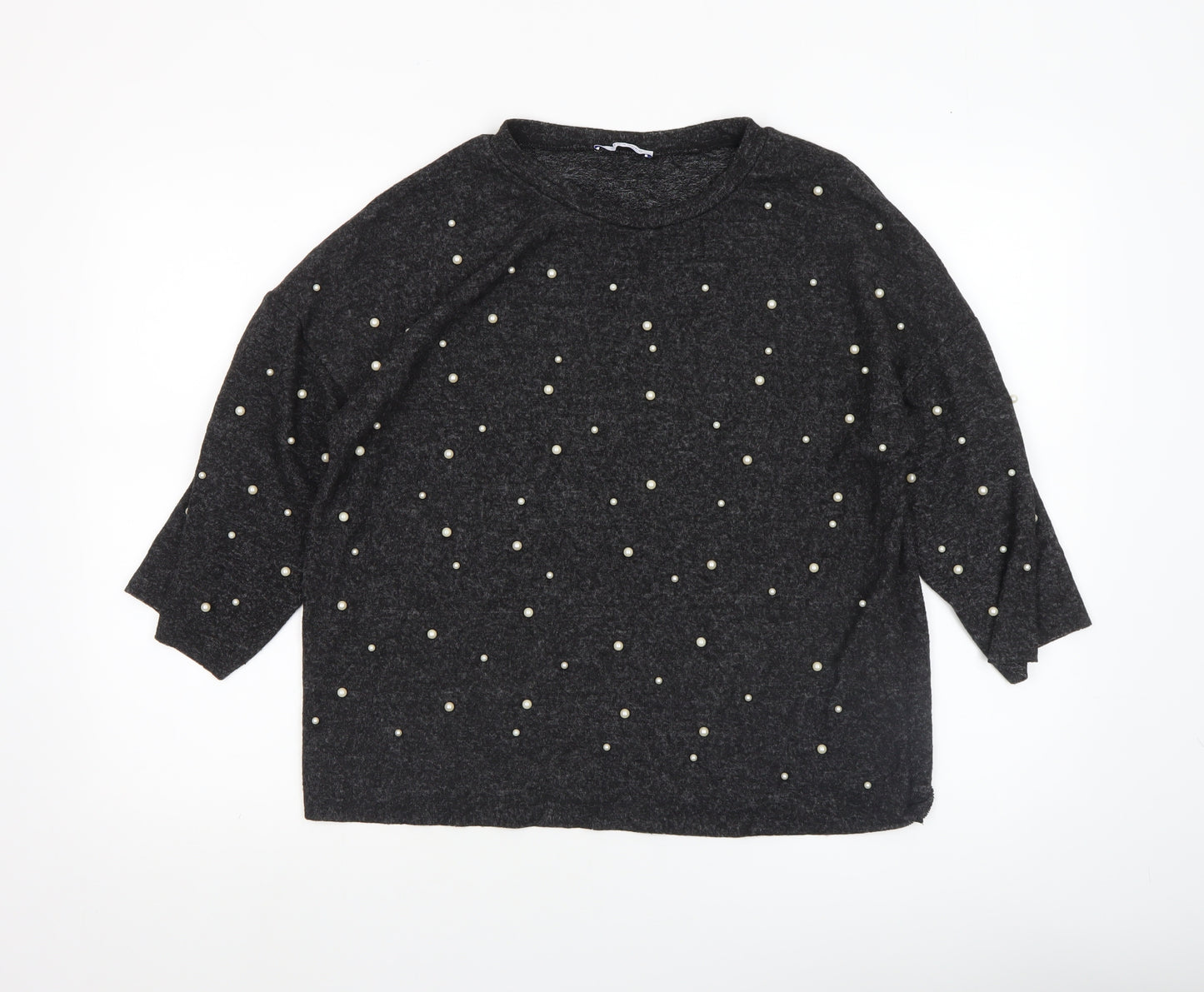 Zara Women Black Beaded Tunic Blouse Size S 3/4 Sleeve Knit Stretch Top