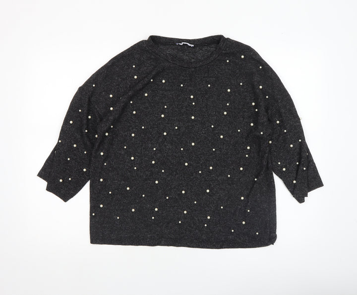 Zara Women Black Beaded Tunic Blouse Size S 3/4 Sleeve Knit Stretch Top