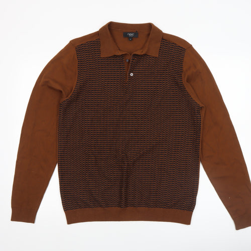 Next Men's Brown Cotton Knit Henley Jumper M Classic Fit