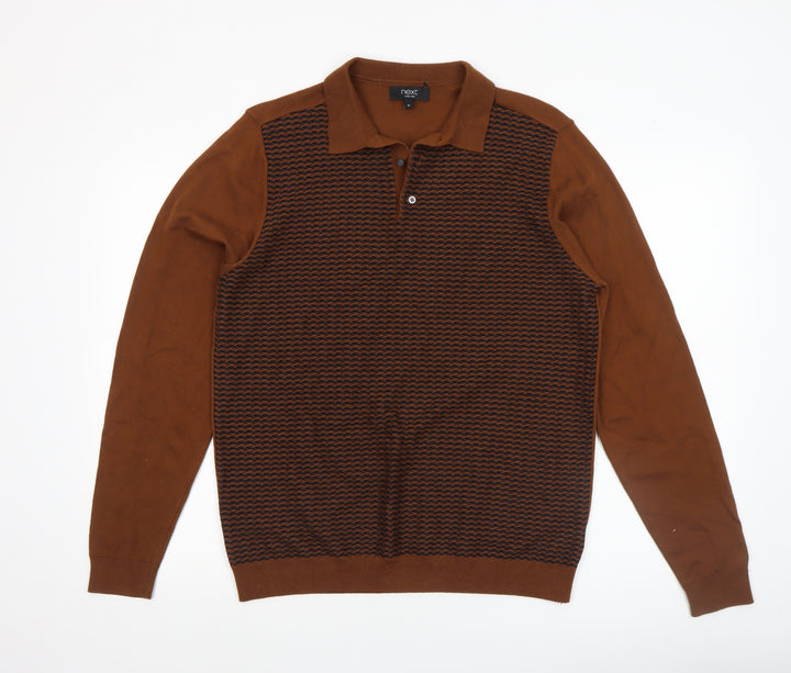 Next Men's Brown Cotton Knit Henley Jumper M Classic Fit