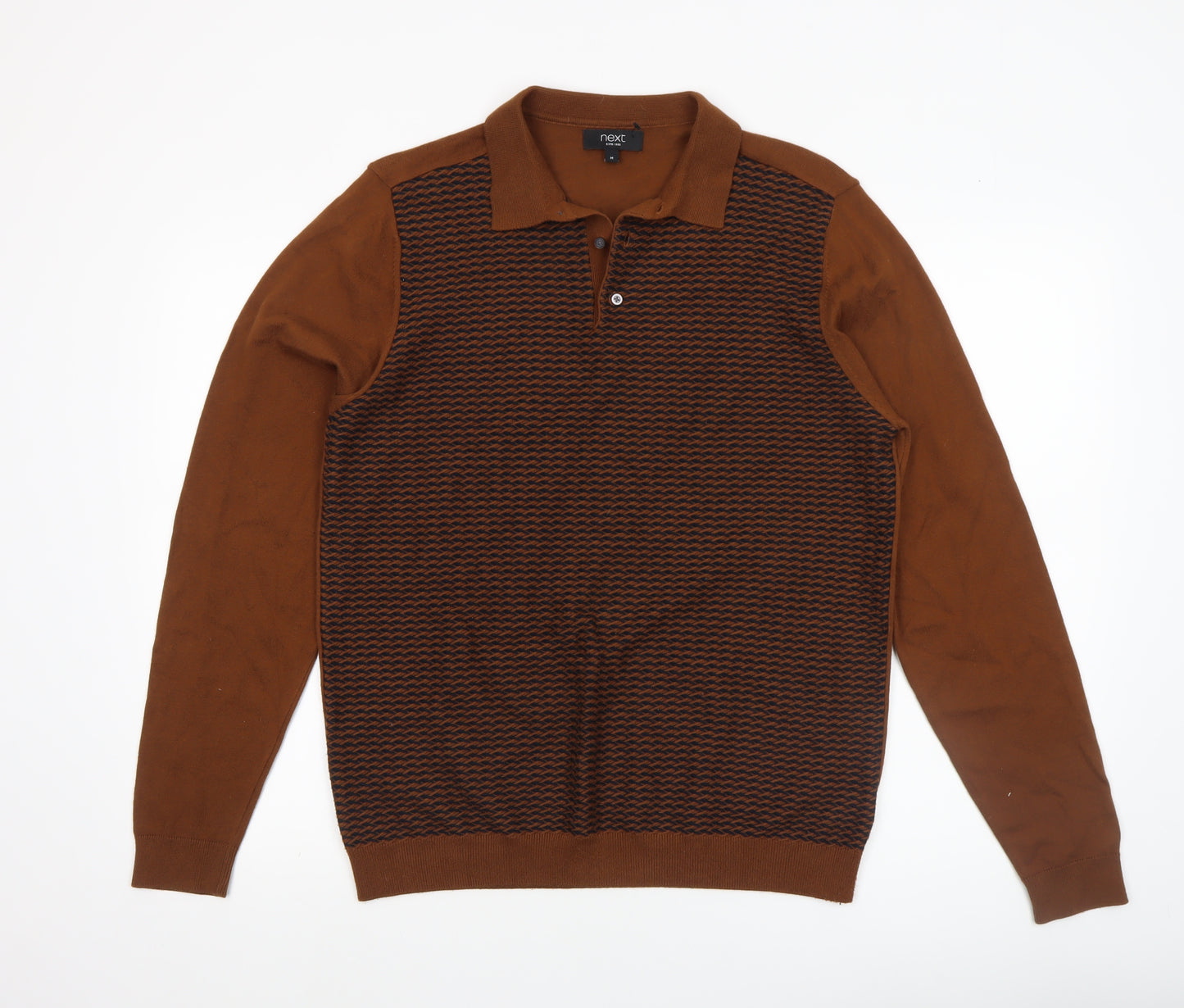 Next Men's Brown Cotton Knit Henley Jumper M Classic Fit