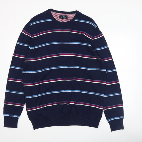 Atlantic Bay Men's Blue Striped Cotton Crew Neck Jumper XL