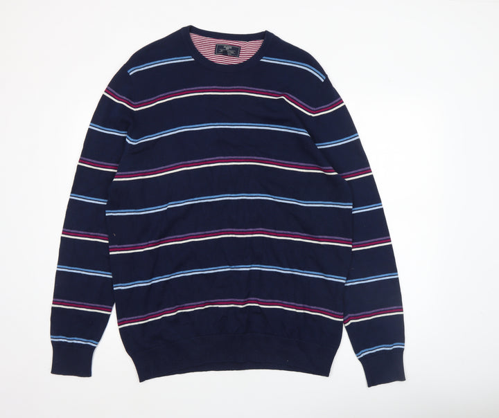 Atlantic Bay Men's Blue Striped Cotton Crew Neck Jumper XL
