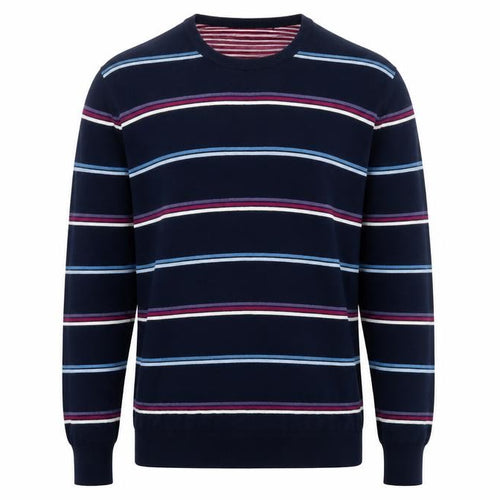 Atlantic Bay Men's Blue Striped Cotton Crew Neck Jumper XL