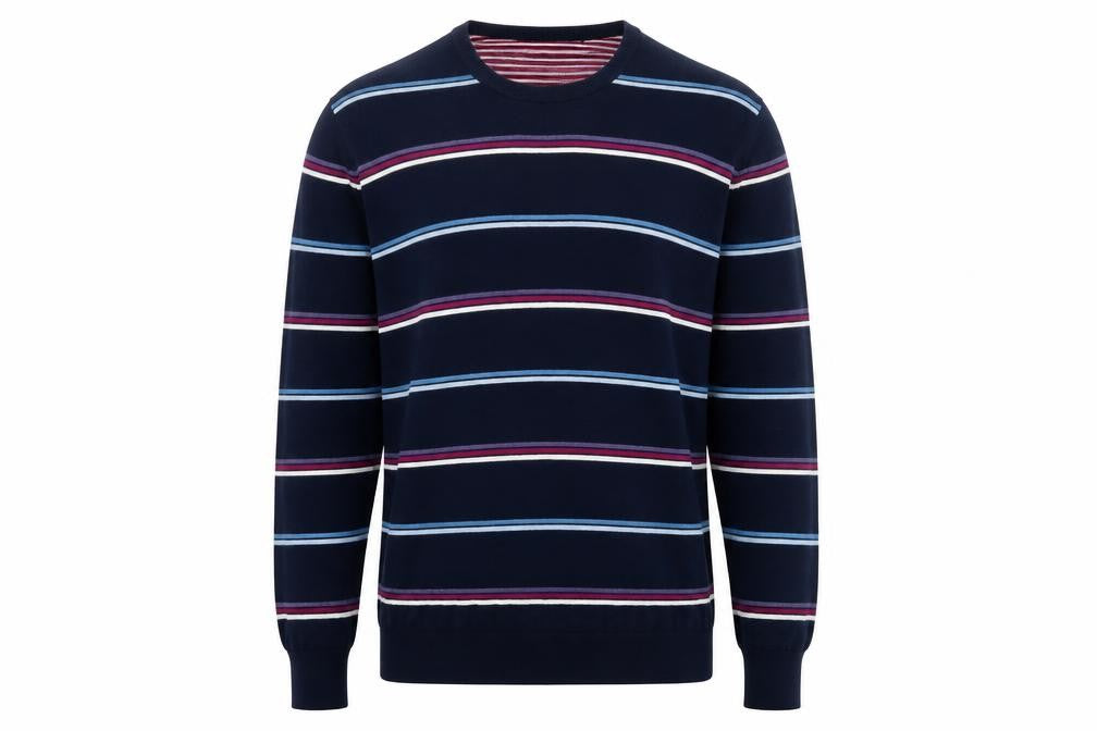 Atlantic Bay Men's Blue Striped Cotton Crew Neck Jumper XL
