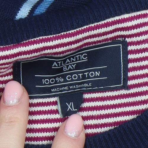 Atlantic Bay Men's Blue Striped Cotton Crew Neck Jumper XL