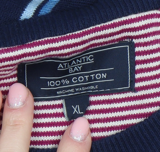 Atlantic Bay Men's Blue Striped Cotton Crew Neck Jumper XL