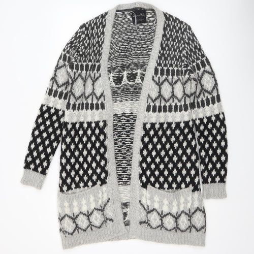 Zara Knit Women's Grey Black Patterned Cardigan M Wool Blend Open Front