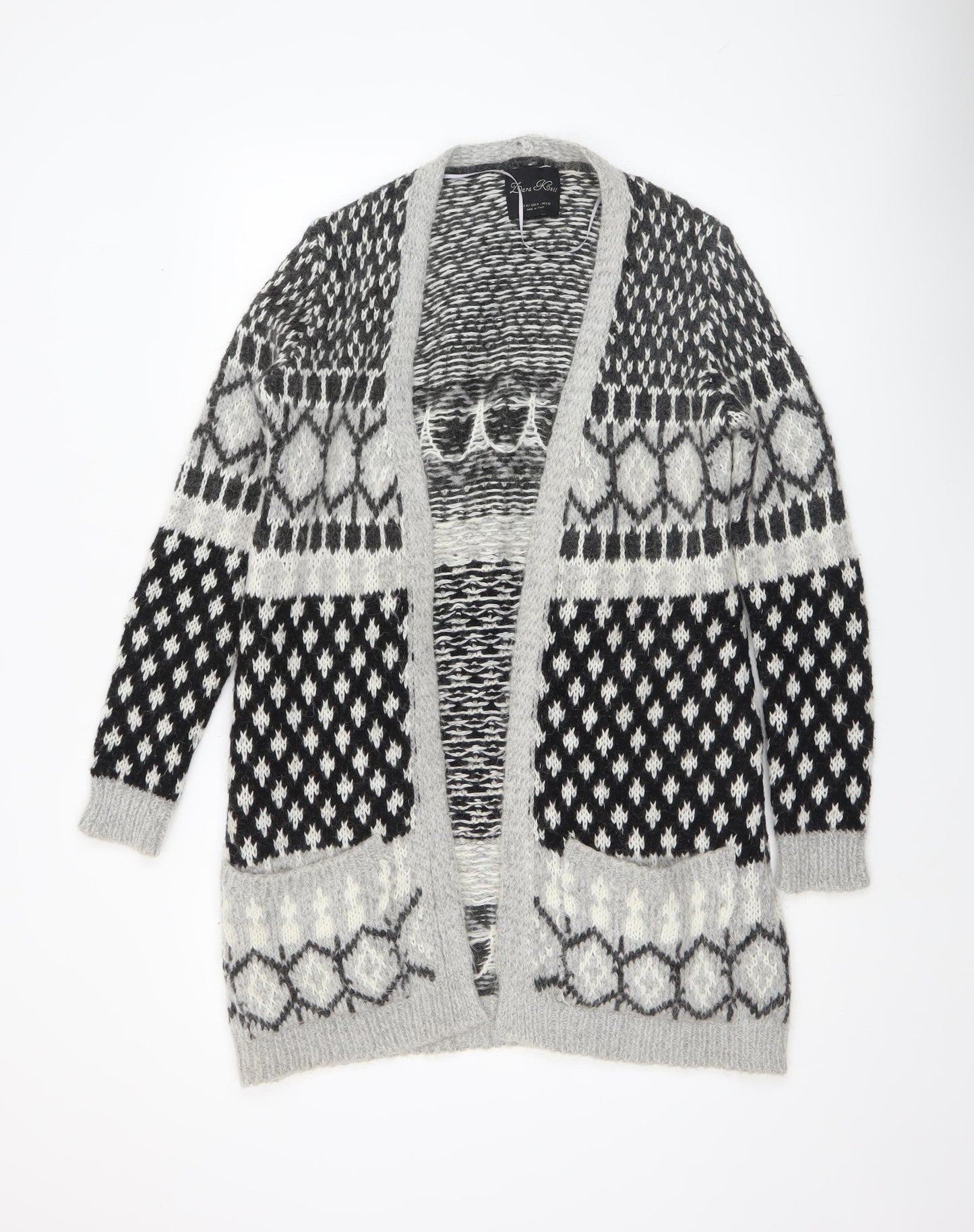 Zara Knit Women's Grey Black Patterned Cardigan M Wool Blend Open Front