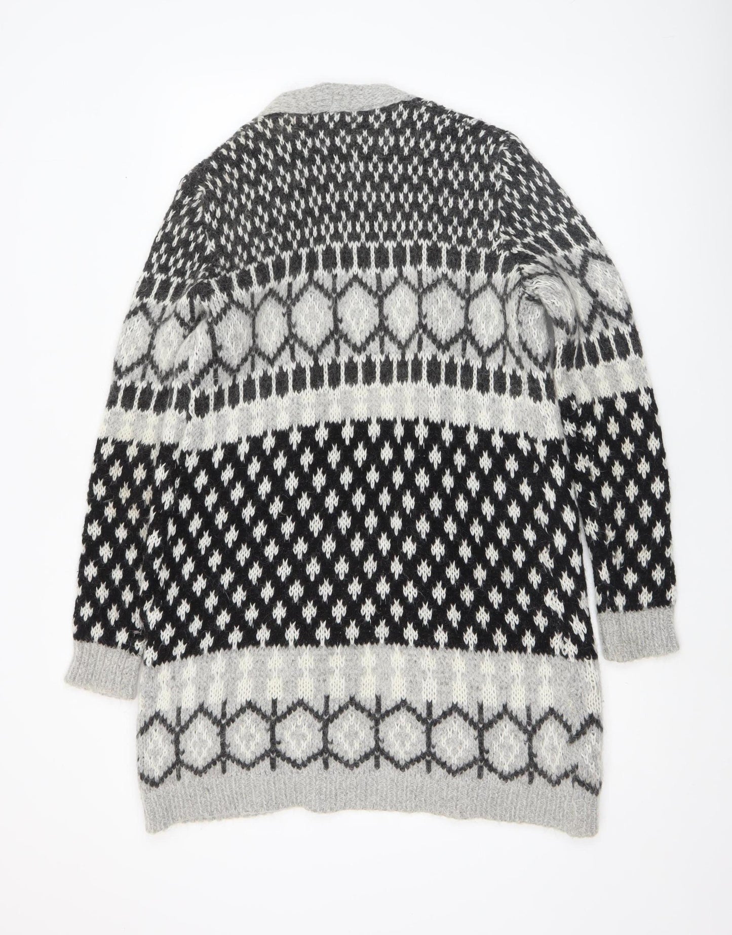 Zara Knit Women's Grey Black Patterned Cardigan M Wool Blend Open Front