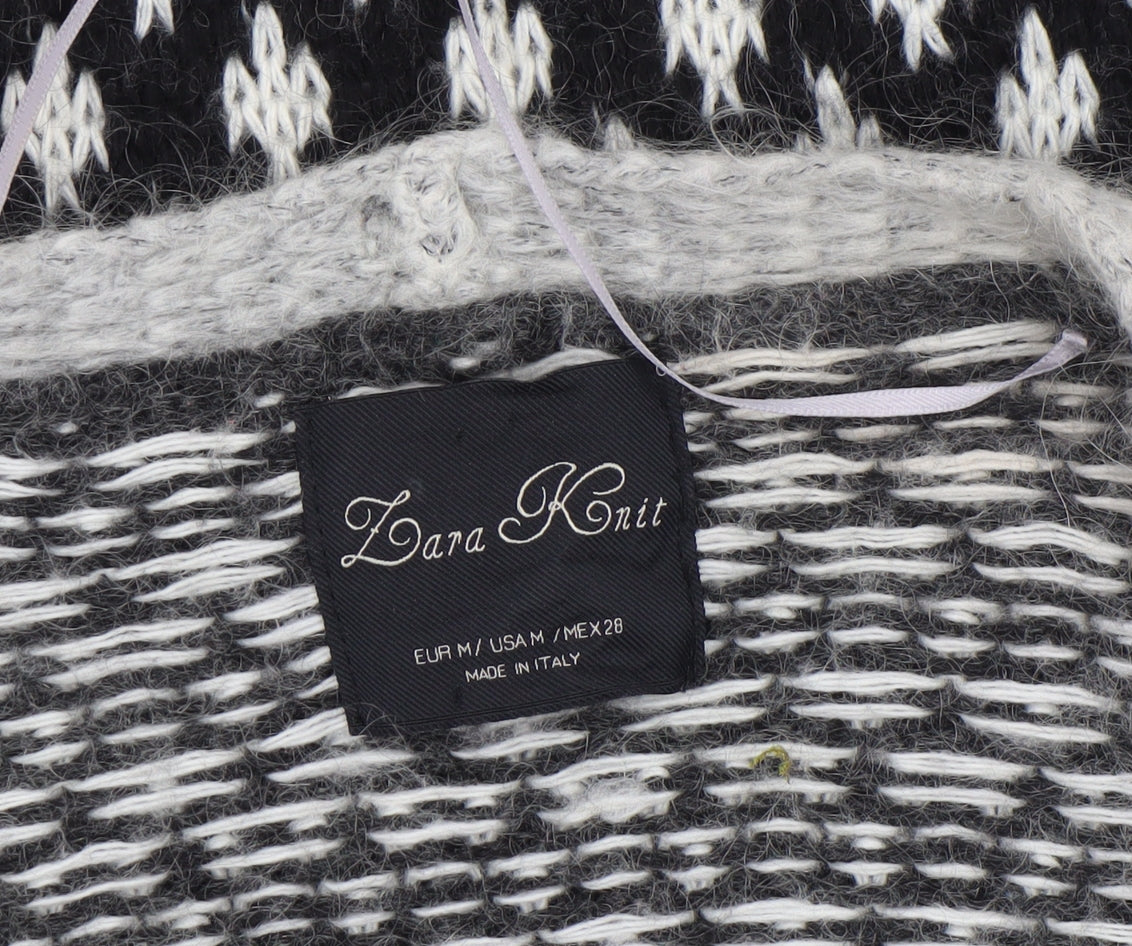 Zara Knit Women's Grey Black Patterned Cardigan M Wool Blend Open Front