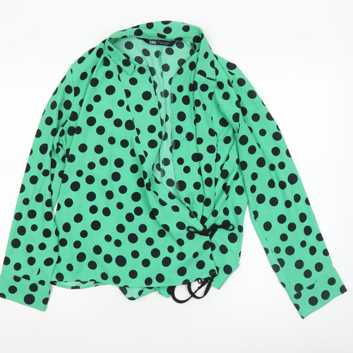 Zara Women’s Green Polka Dot Wrap Blouse Size 12 Long Sleeve
