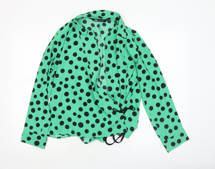 Zara Women’s Green Polka Dot Wrap Blouse Size 12 Long Sleeve