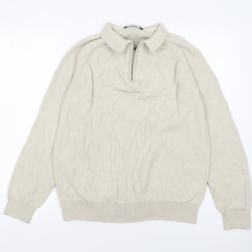 George Men's Beige XL Cotton 1/4 Zip Long Sleeve Polo