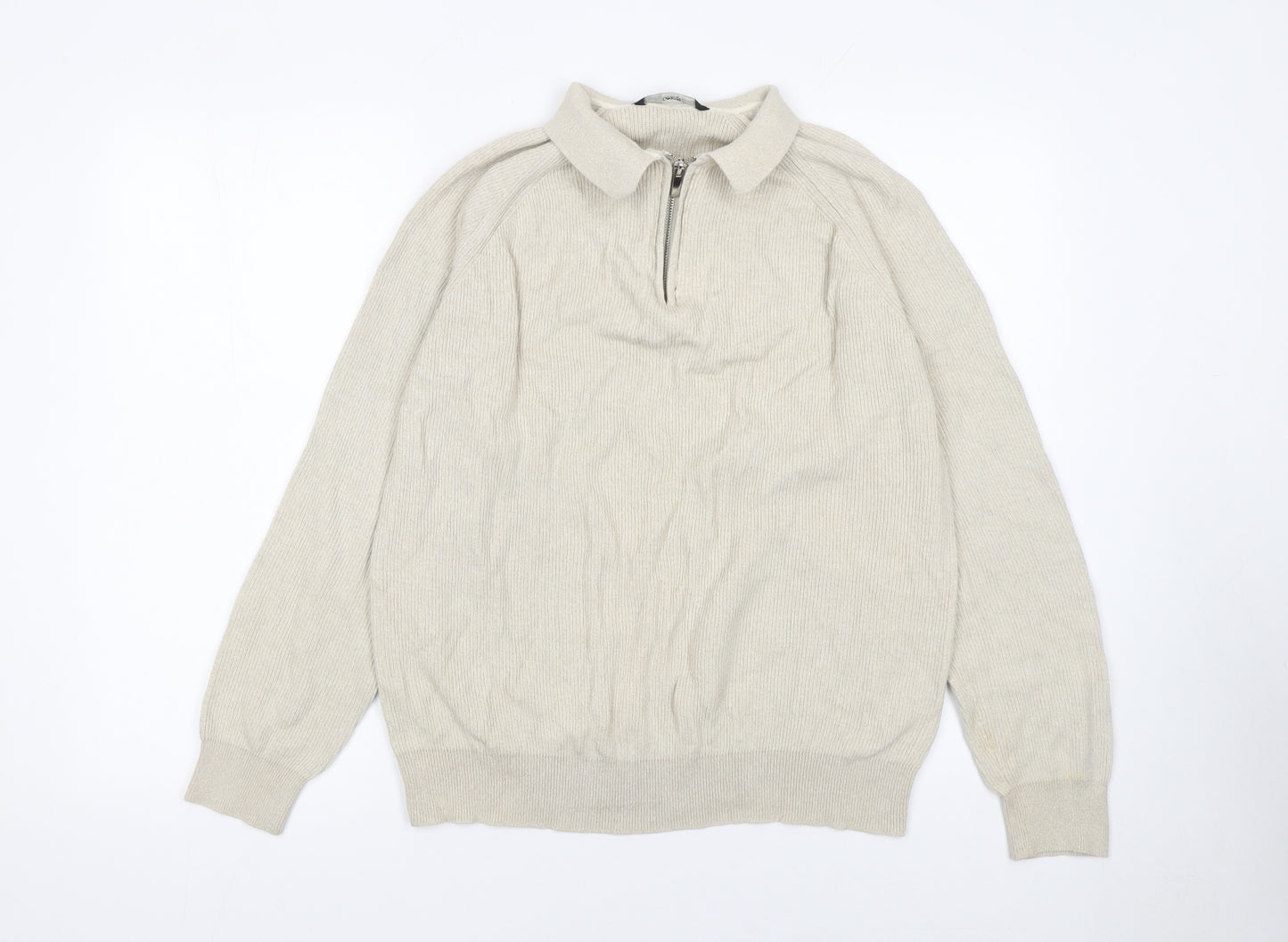 George Men's Beige XL Cotton 1/4 Zip Long Sleeve Polo