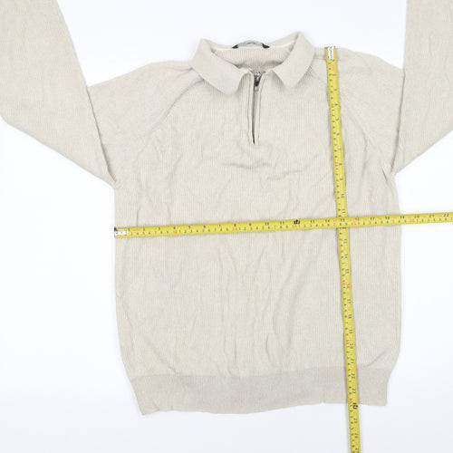 George Men's Beige XL Cotton 1/4 Zip Long Sleeve Polo