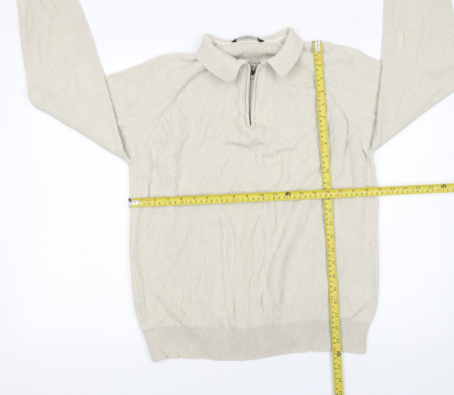 George Men's Beige XL Cotton 1/4 Zip Long Sleeve Polo