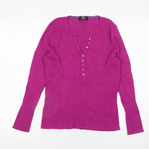 Marks and Spencer Women Pink Size 18 Henley Ribbed Knit Jumper