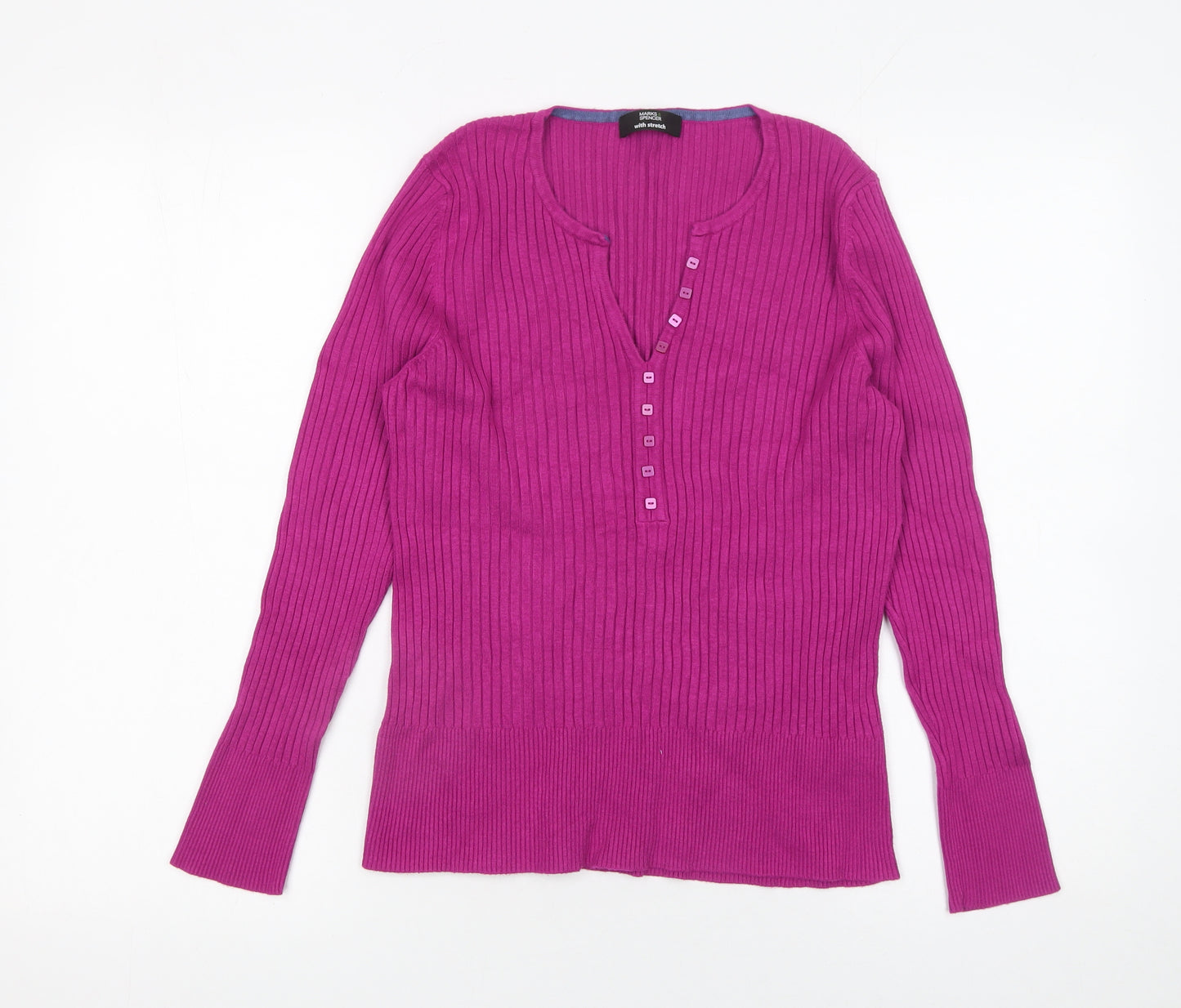 Marks and Spencer Women Pink Size 18 Henley Ribbed Knit Jumper