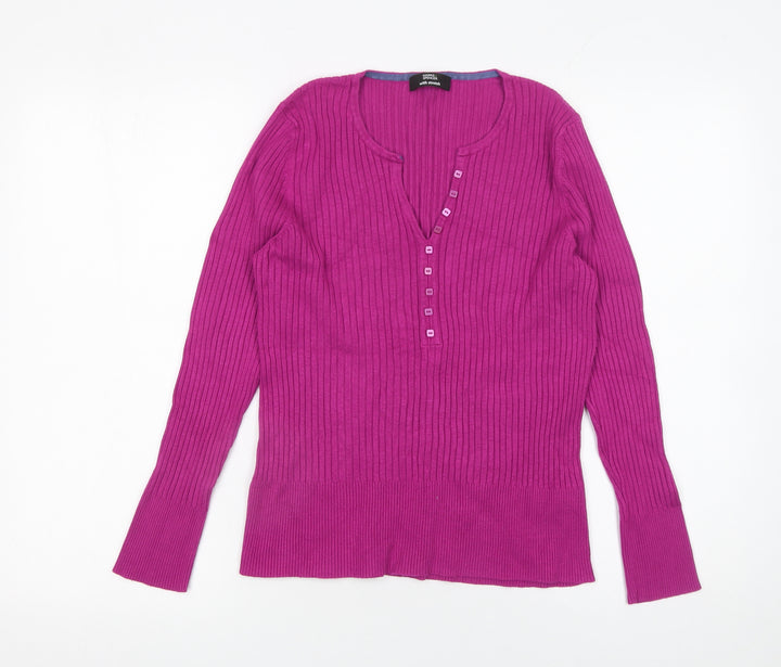 Marks and Spencer Women Pink Size 18 Henley Ribbed Knit Jumper