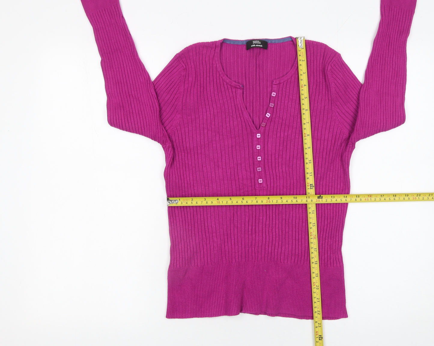 Marks and Spencer Women Pink Size 18 Henley Ribbed Knit Jumper