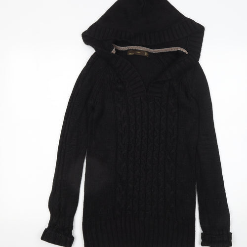 Zara Women's Black Hooded Cable-Knit V-Neck Pullover Jumper Size 12