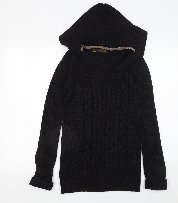 Zara Women's Black Hooded Cable-Knit V-Neck Pullover Jumper Size 12