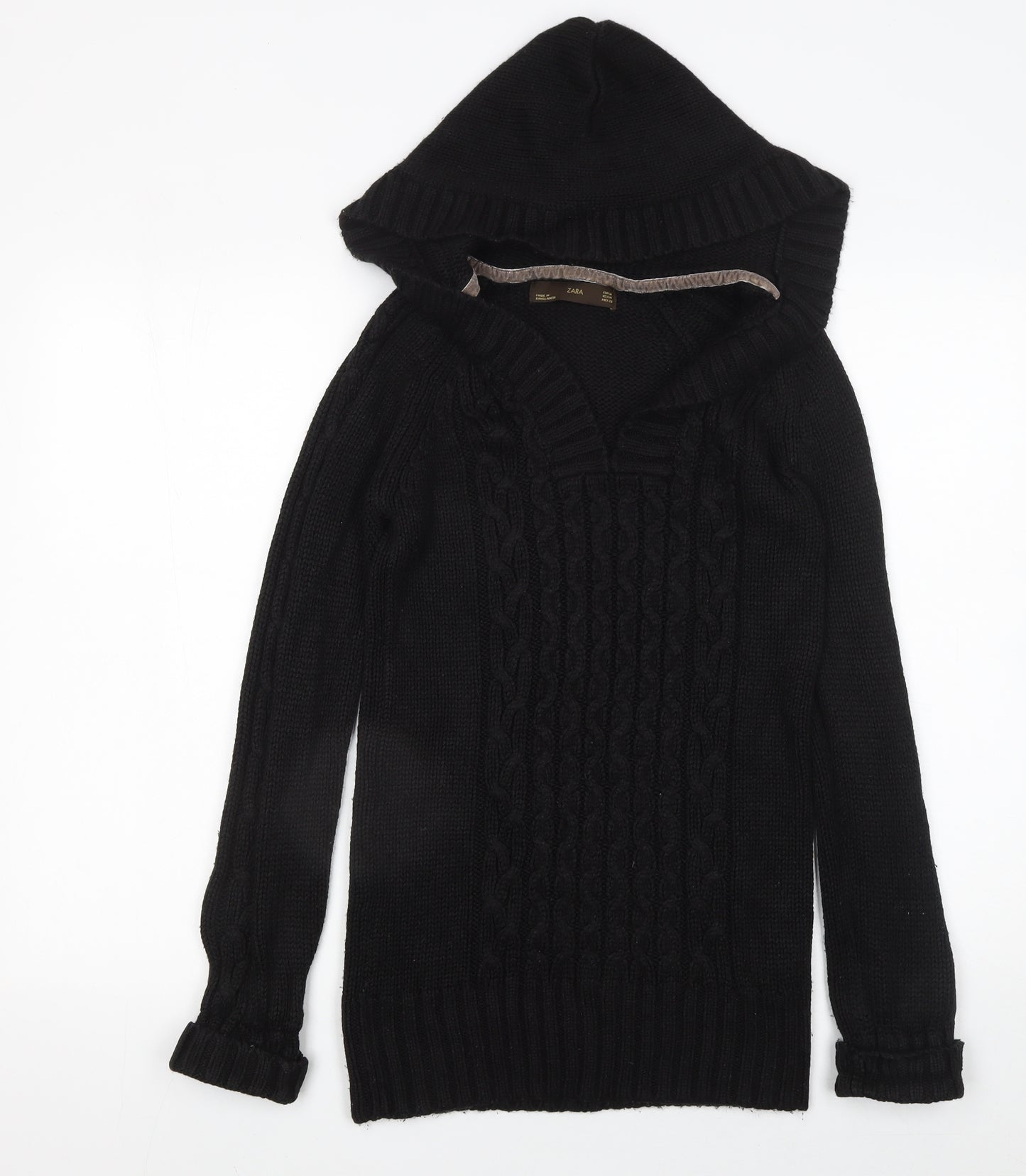 Zara Women's Black Hooded Cable-Knit V-Neck Pullover Jumper Size 12