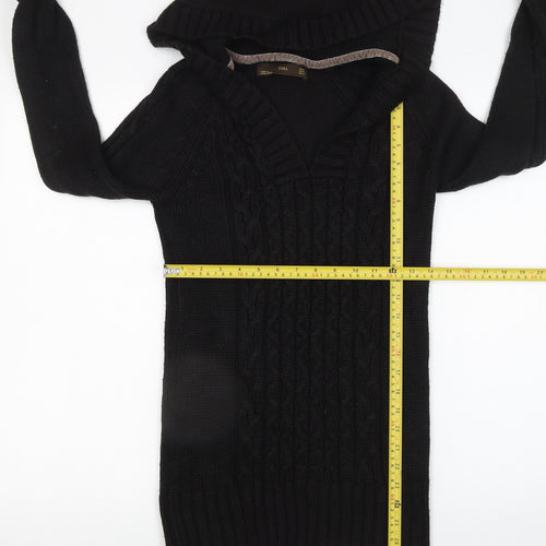 Zara Women's Black Hooded Cable-Knit V-Neck Pullover Jumper Size 12