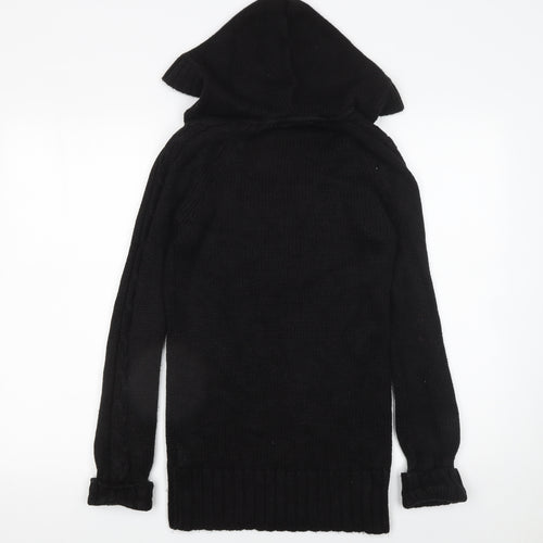 Zara Women's Black Hooded Cable-Knit V-Neck Pullover Jumper Size 12