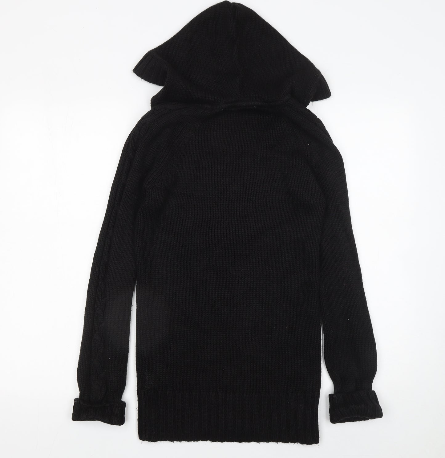 Zara Women's Black Hooded Cable-Knit V-Neck Pullover Jumper Size 12