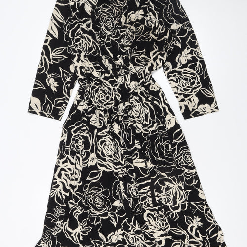 Whistles Women Black Floral Wrap Dress Size 8 Belted V-Neck