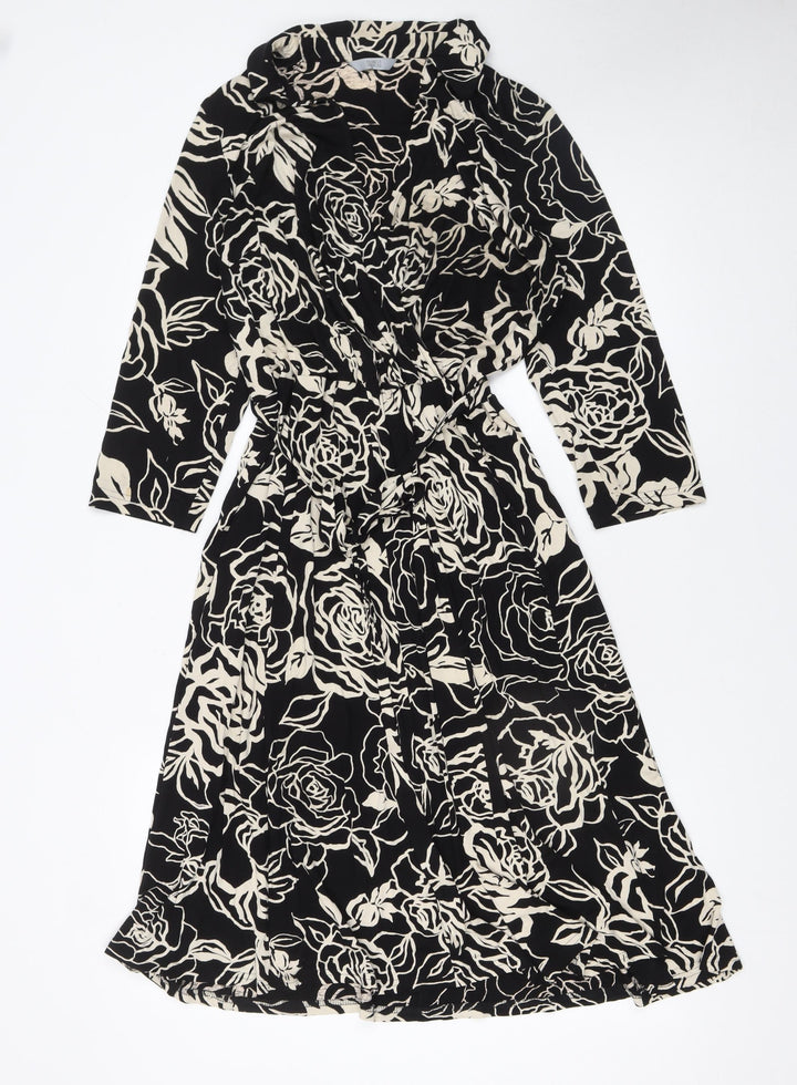 Whistles Women Black Floral Wrap Dress Size 8 Belted V-Neck