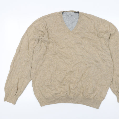 Marks and Spencer Men's Beige Cotton V-Neck Jumper XL Regular Fit