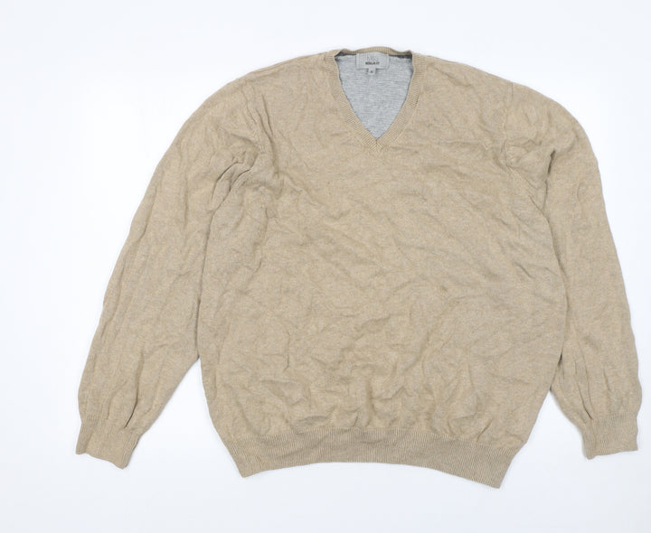 Marks and Spencer Men's Beige Cotton V-Neck Jumper XL Regular Fit