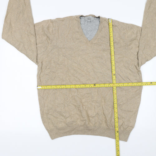 Marks and Spencer Men's Beige Cotton V-Neck Jumper XL Regular Fit