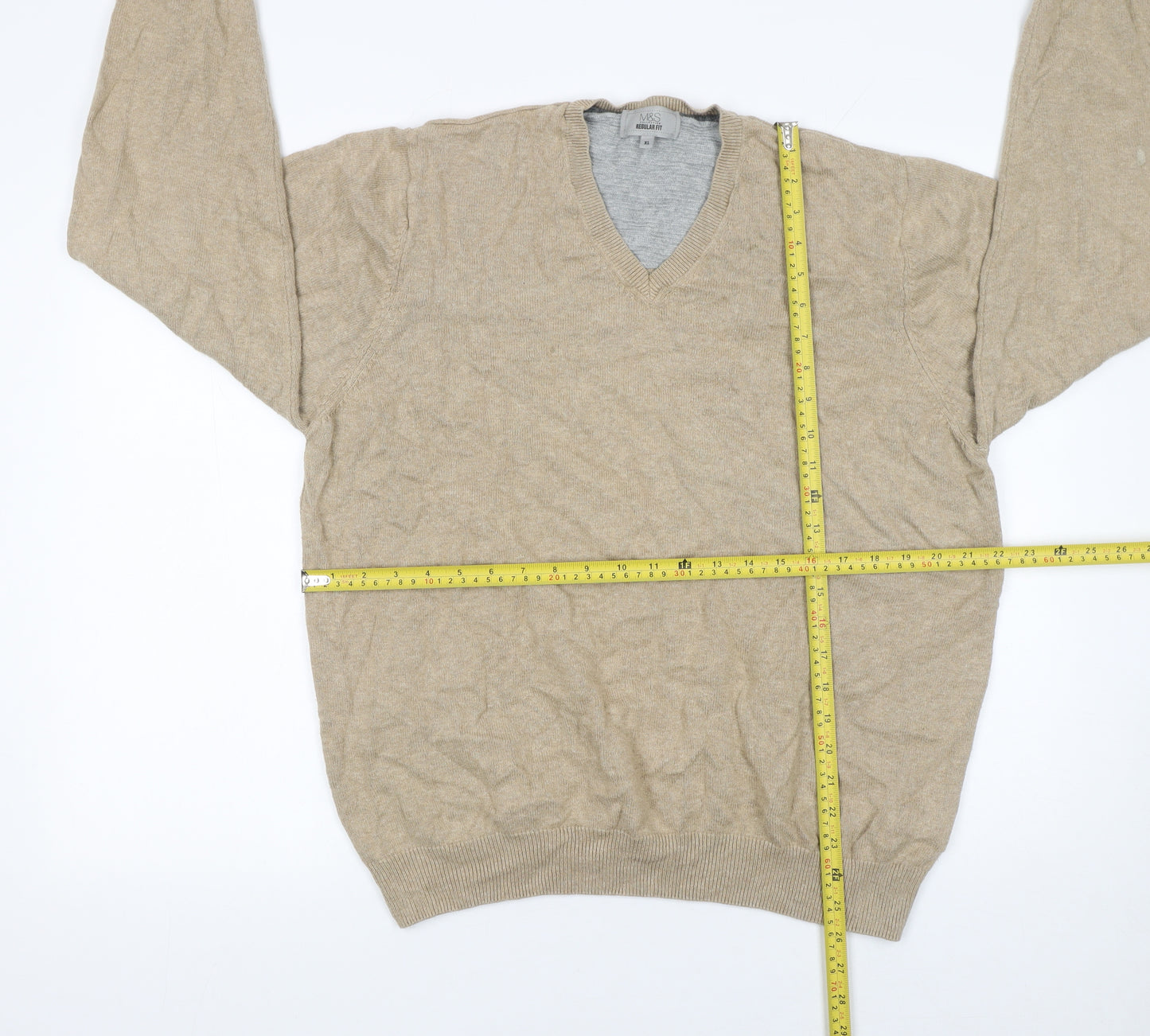 Marks and Spencer Men's Beige Cotton V-Neck Jumper XL Regular Fit