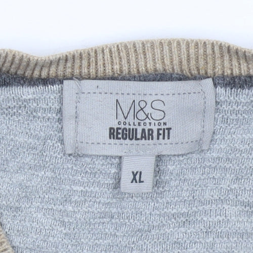 Marks and Spencer Men's Beige Cotton V-Neck Jumper XL Regular Fit