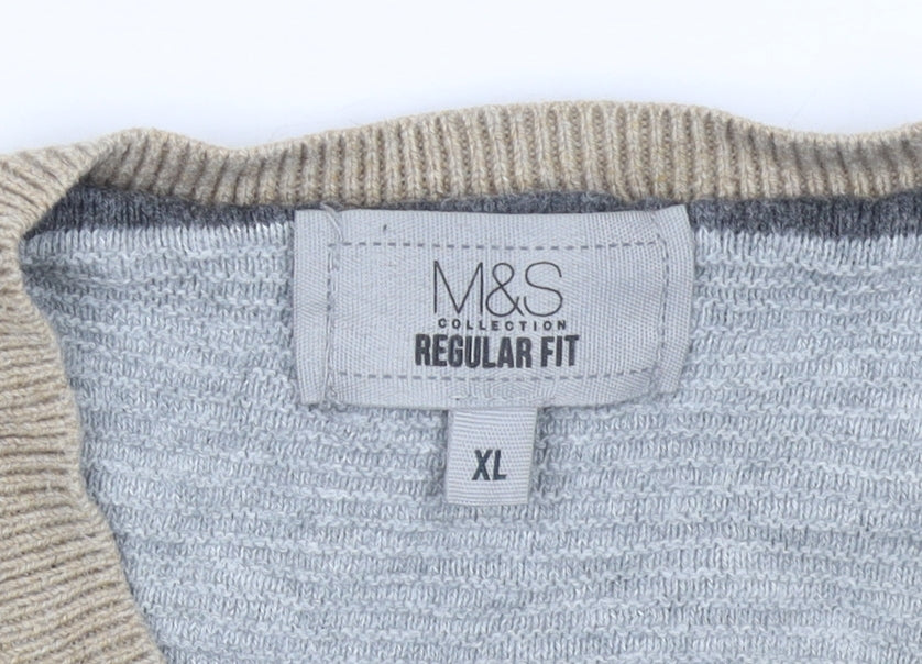 Marks and Spencer Men's Beige Cotton V-Neck Jumper XL Regular Fit