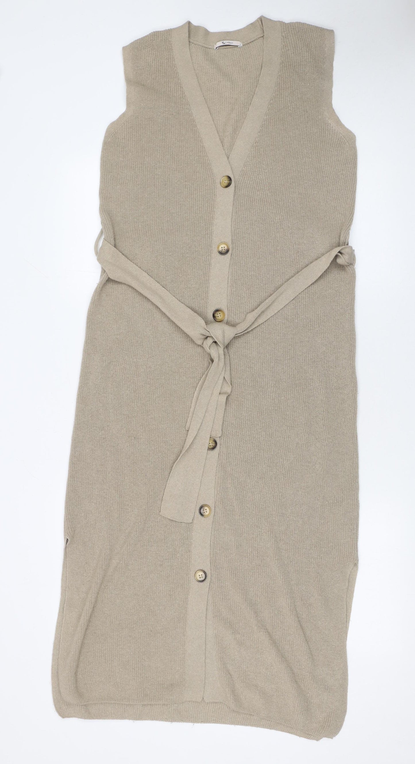 Tu Women's Beige Sleeveless Belted Knit Cardigan Size 8