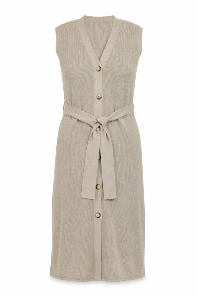 Front view of Tu Women's Beige Sleeveless Belted Knit Cardigan, size 8