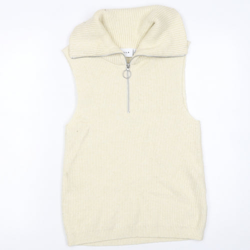 Vila Women Ivory Sleeveless High Neck Zip Knit Vest Jumper Size 8