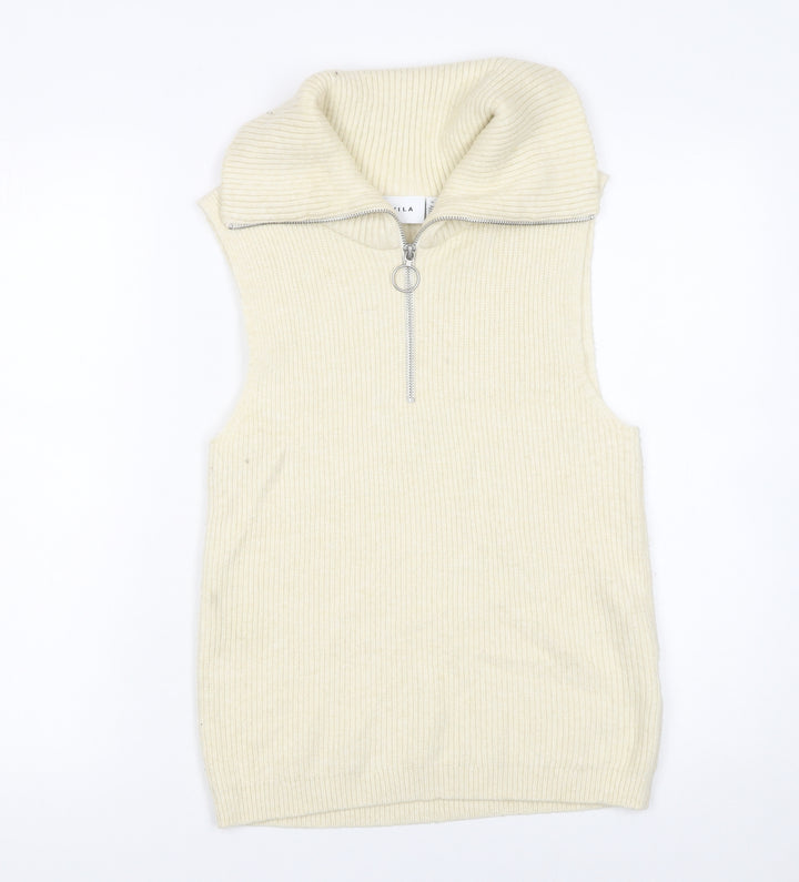Vila Women Ivory Sleeveless High Neck Zip Knit Vest Jumper Size 8