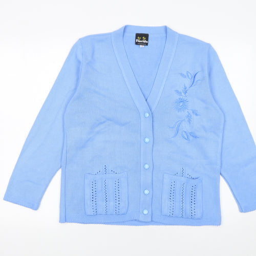 Florida Collection Women’s Blue Acrylic V-Neck Embroidered Cardigan S/M