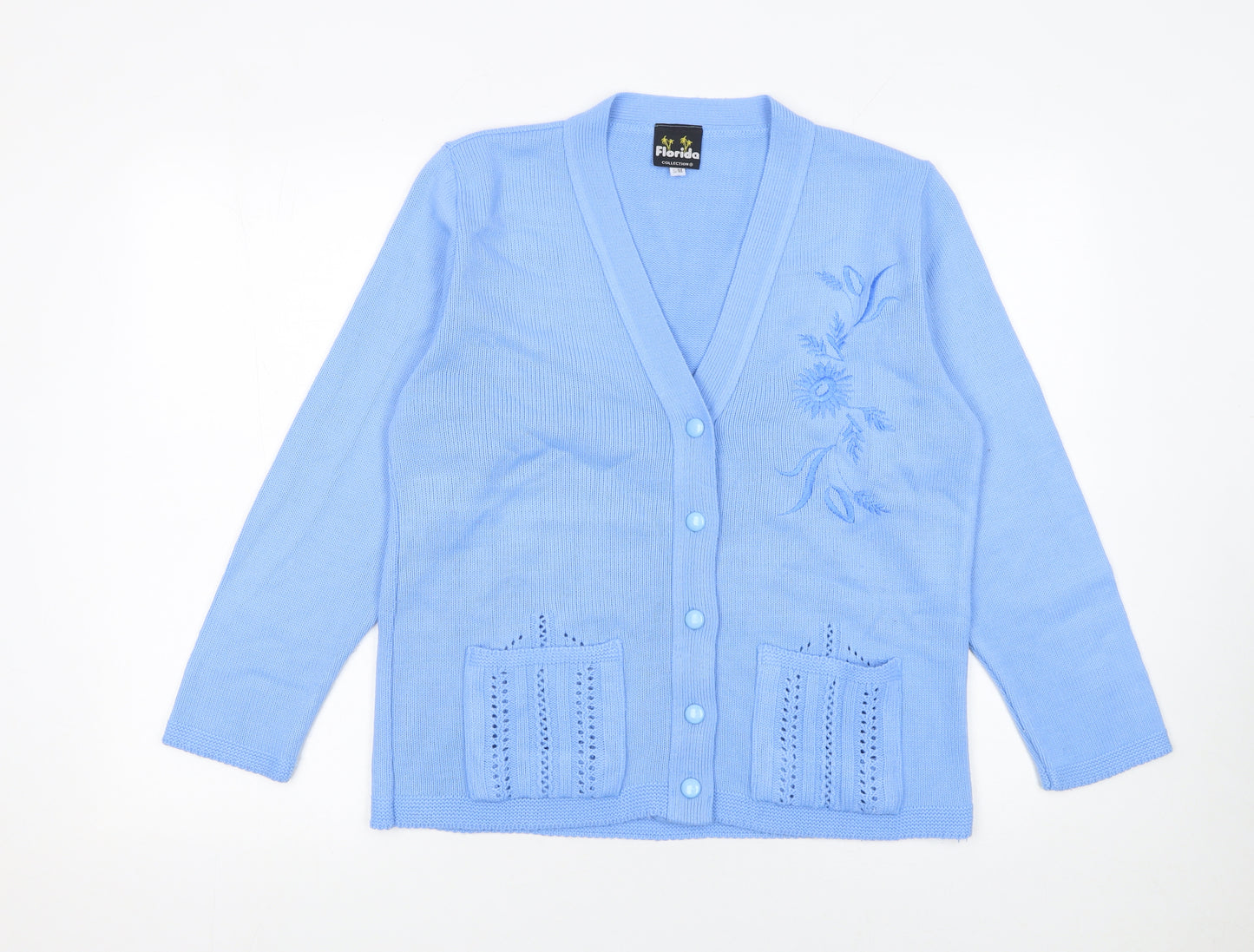 Florida Collection Women’s Blue Acrylic V-Neck Embroidered Cardigan S/M